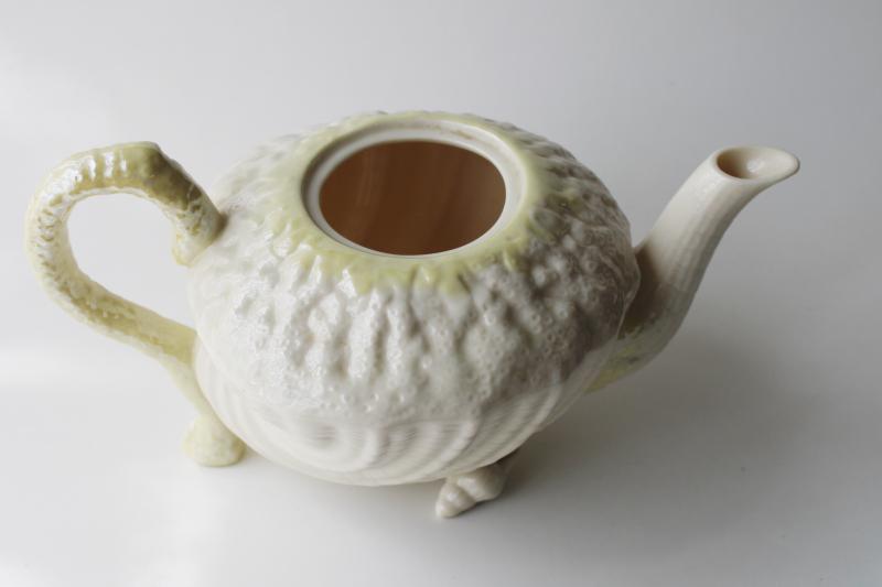 photo of vintage Belleek china teapot, green mark Neptune yellow sea shells forward pot no lid #6