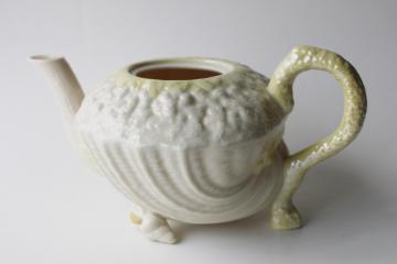 catalog photo of vintage Belleek china teapot, green mark Neptune yellow sea shells forward pot no lid
