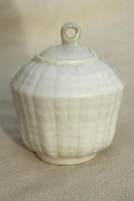 photo of vintage Belleek china, tridacna yellow tiny jam or mustard pot condiment jar #1