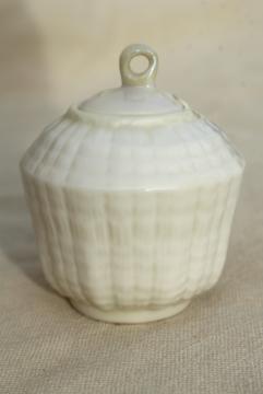 catalog photo of vintage Belleek china, tridacna yellow tiny jam or mustard pot condiment jar