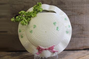 catalog photo of vintage Belleek china wall pocket vase, sun bonnet summer hat w/ Irish shamrocks