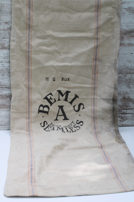 photo of vintage Bemis heavy cotton grain bag feed sack w/ nice dark printing, woven blue & red stripe #1