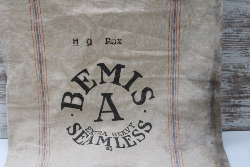 photo of vintage Bemis heavy cotton grain bag feed sack w/ nice dark printing, woven blue & red stripe  #2