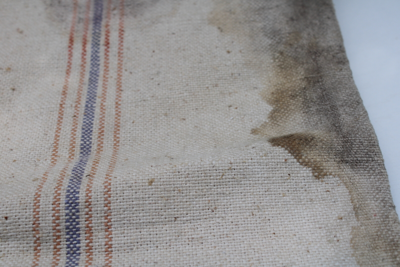 photo of vintage Bemis heavy cotton grain bag feed sack w/ nice dark printing, woven blue & red stripe  #3