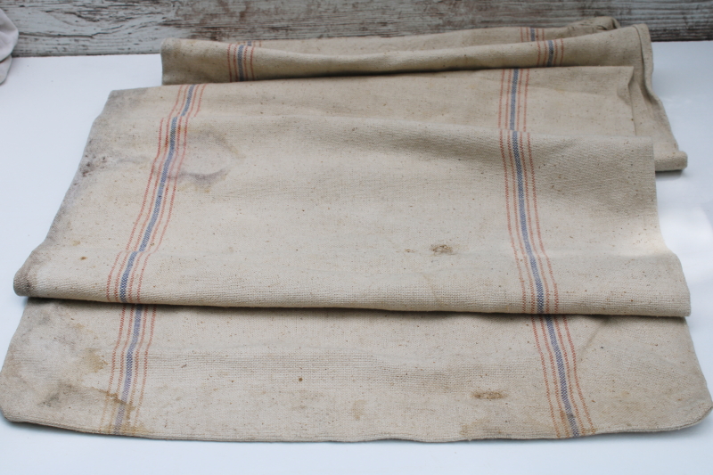 photo of vintage Bemis heavy cotton grain bag feed sack w/ nice dark printing, woven blue & red stripe  #4