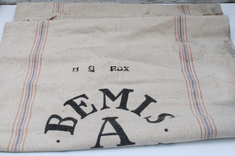 photo of vintage Bemis heavy cotton grain bag feed sack w/ nice dark printing, woven blue & red stripe  #6