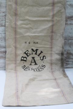vintage Bemis heavy cotton grain bag feed sack w/ nice dark printing, woven blue & red stripe 