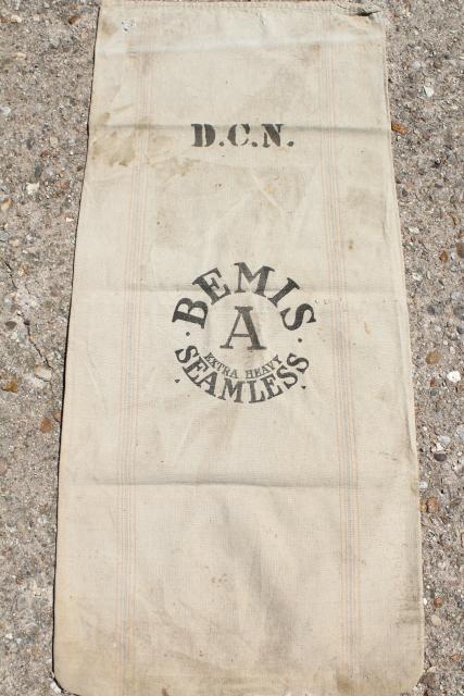 photo of vintage Bemis heavy cotton grain sack, old farm country primitive striped feed bag #1