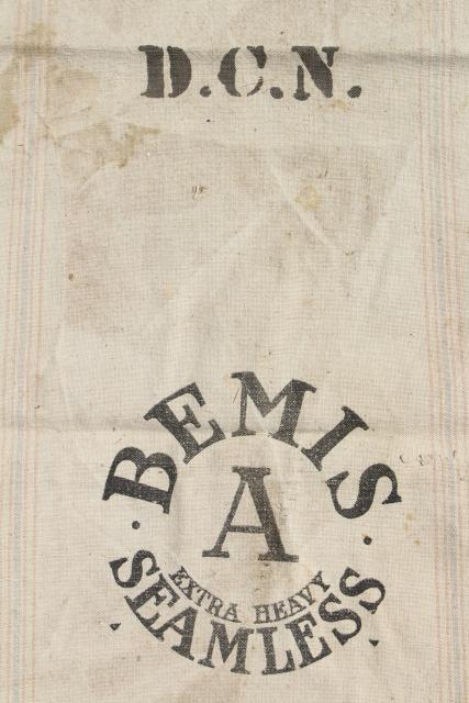 photo of vintage Bemis heavy cotton grain sack, old farm country primitive striped feed bag #2