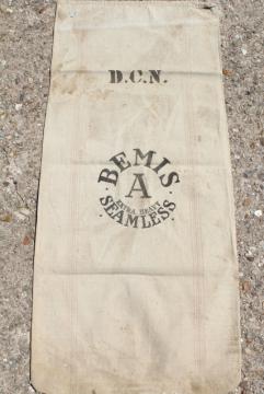 catalog photo of vintage Bemis heavy cotton grain sack, old farm country primitive striped feed bag