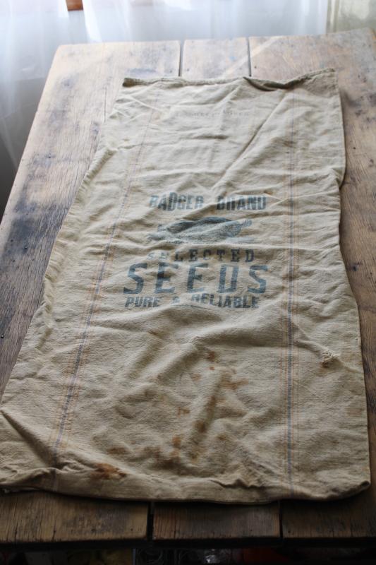 photo of vintage Bemis seamless striped cotton fabric grain sack, old Badger advertising graphics #1