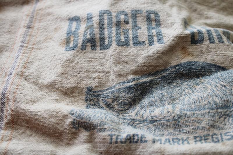 photo of vintage Bemis seamless striped cotton fabric grain sack, old Badger advertising graphics #5