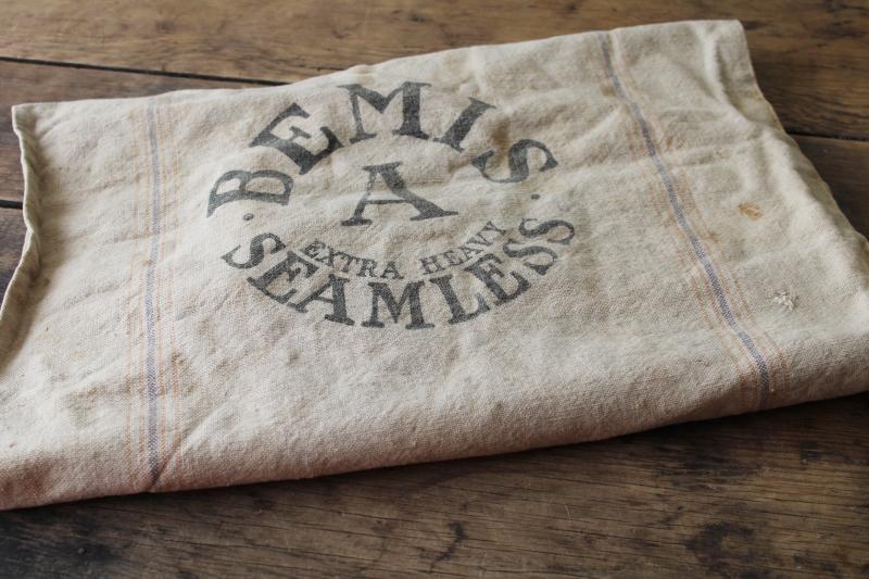 photo of vintage Bemis seamless striped cotton fabric grain sack, old Badger advertising graphics #8