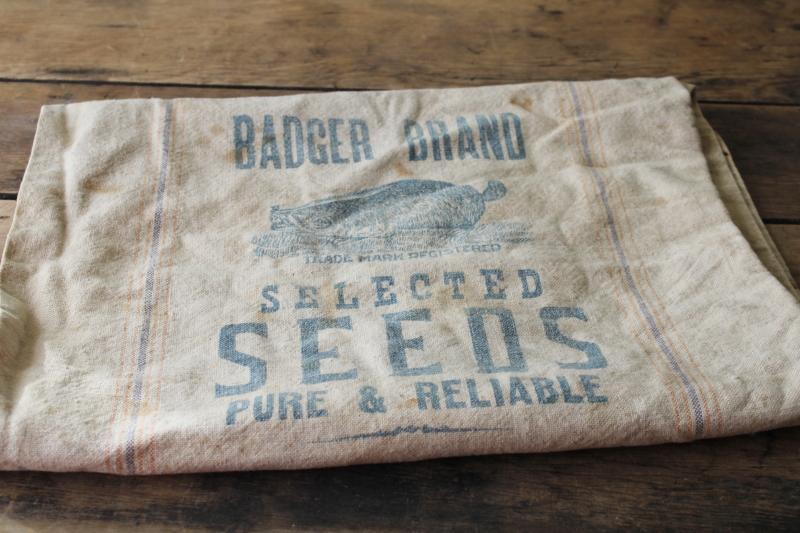 photo of vintage Bemis seamless striped cotton fabric grain sack, old Badger advertising graphics #9