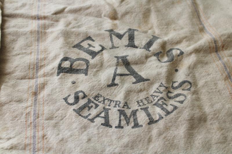 photo of vintage Bemis seamless striped cotton fabric grain sack, old Badger advertising graphics #10