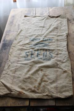 catalog photo of vintage Bemis seamless striped cotton fabric grain sack, old Badger advertising graphics