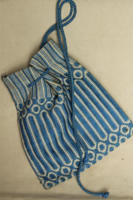 photo of vintage Berea hand woven blue and white fabric pocket / purse drawstring bag #1