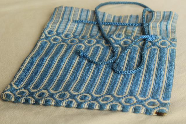 photo of vintage Berea hand woven blue and white fabric pocket / purse drawstring bag #4