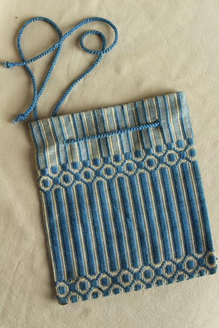 photo of vintage Berea hand woven blue and white fabric pocket / purse drawstring bag #5