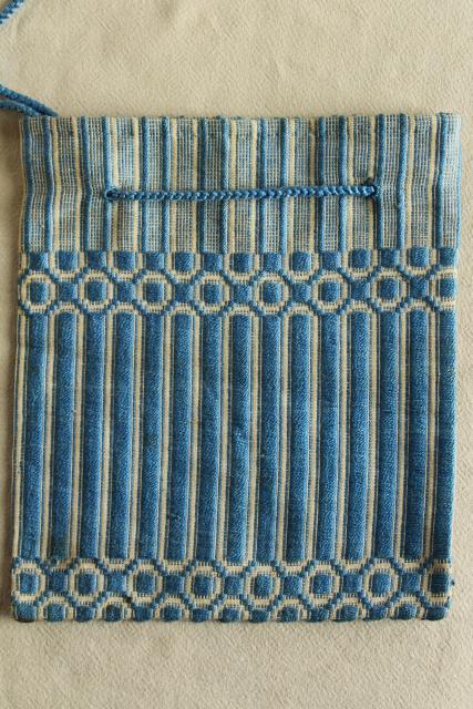 photo of vintage Berea hand woven blue and white fabric pocket / purse drawstring bag #6