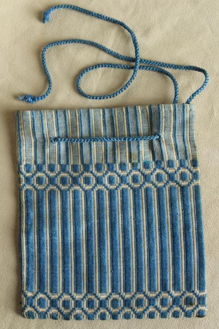 photo of vintage Berea hand woven blue and white fabric pocket / purse drawstring bag #9