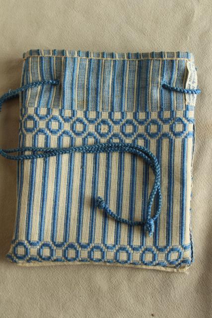 photo of vintage Berea hand woven blue and white fabric pocket / purse drawstring bag #12