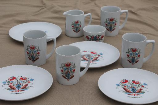 photo of vintage Berggren china plates & mugs set for 4, red & blue rosemaled flower #1