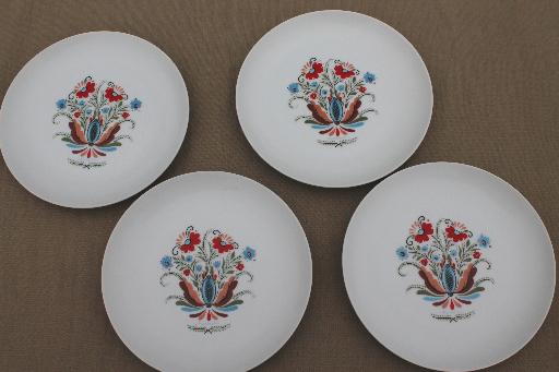 photo of vintage Berggren china plates & mugs set for 4, red & blue rosemaled flower #2