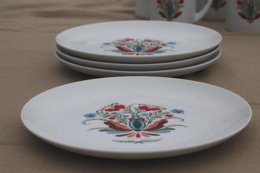 photo of vintage Berggren china plates & mugs set for 4, red & blue rosemaled flower #3