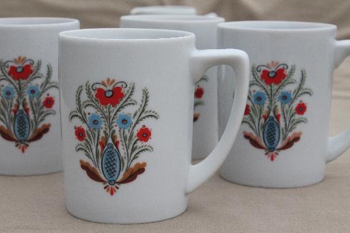 photo of vintage Berggren china plates & mugs set for 4, red & blue rosemaled flower #4