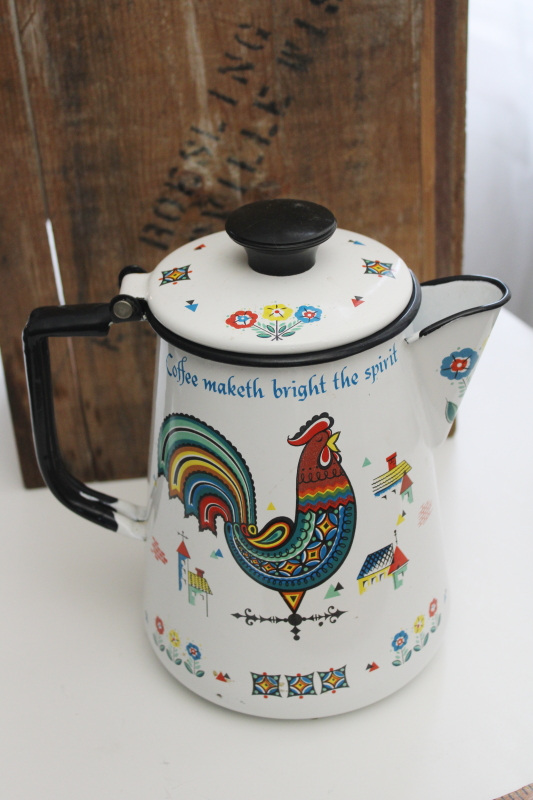 photo of vintage Berggren enamelware coffee pot, Swedish rooster folk art design #1