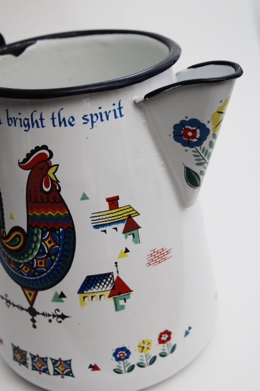 photo of vintage Berggren enamelware coffee pot, Swedish rooster folk art design #7