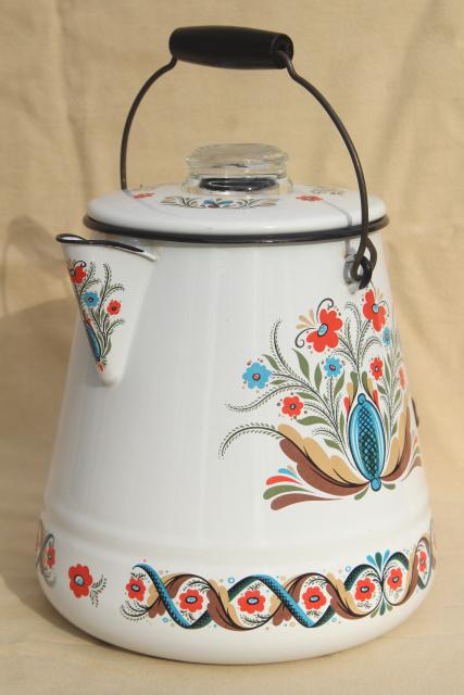photo of vintage Berggren enamelware one gallon coffee pot percolator, rosemaled design #1