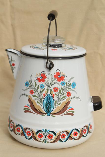 photo of vintage Berggren enamelware one gallon coffee pot percolator, rosemaled design #4