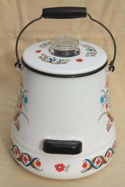 photo of vintage Berggren enamelware one gallon coffee pot percolator, rosemaled design #5