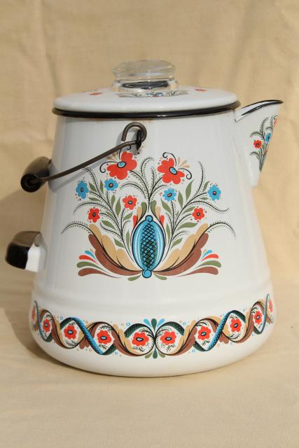 photo of vintage Berggren enamelware one gallon coffee pot percolator, rosemaled design #6
