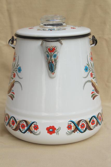 photo of vintage Berggren enamelware one gallon coffee pot percolator, rosemaled design #7
