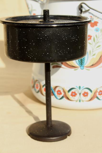 photo of vintage Berggren enamelware one gallon coffee pot percolator, rosemaled design #8