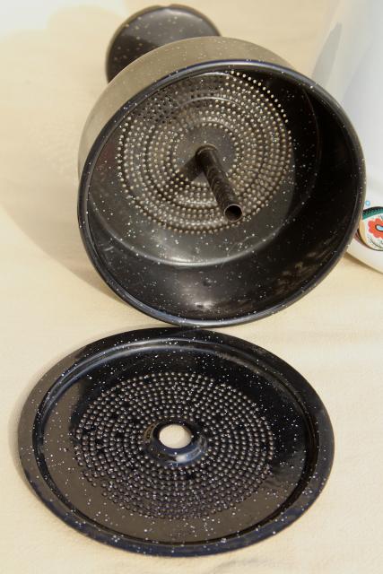 photo of vintage Berggren enamelware one gallon coffee pot percolator, rosemaled design #9