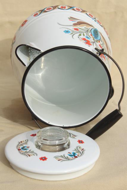 photo of vintage Berggren enamelware one gallon coffee pot percolator, rosemaled design #10