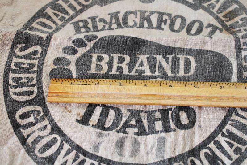 photo of vintage Blackfoot Idaho Alfalfa seed sacks, foot print logo printed cotton feedsack #2