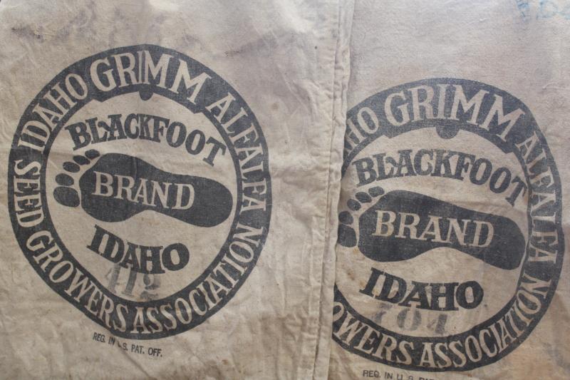 photo of vintage Blackfoot Idaho Alfalfa seed sacks, foot print logo printed cotton feedsack #8