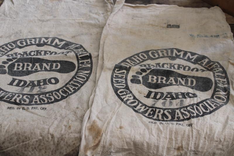 photo of vintage Blackfoot Idaho Alfalfa seed sacks, foot print logo printed cotton feedsack #9