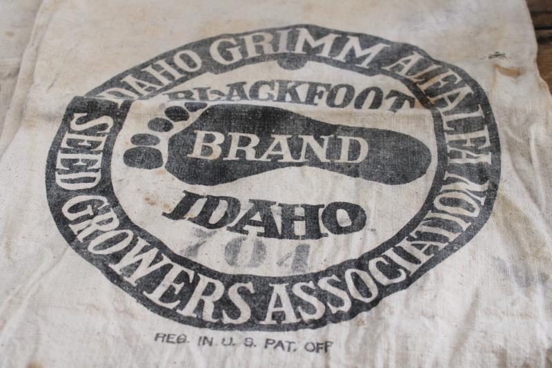 photo of vintage Blackfoot Idaho Alfalfa seed sacks, foot print logo printed cotton feedsack #11