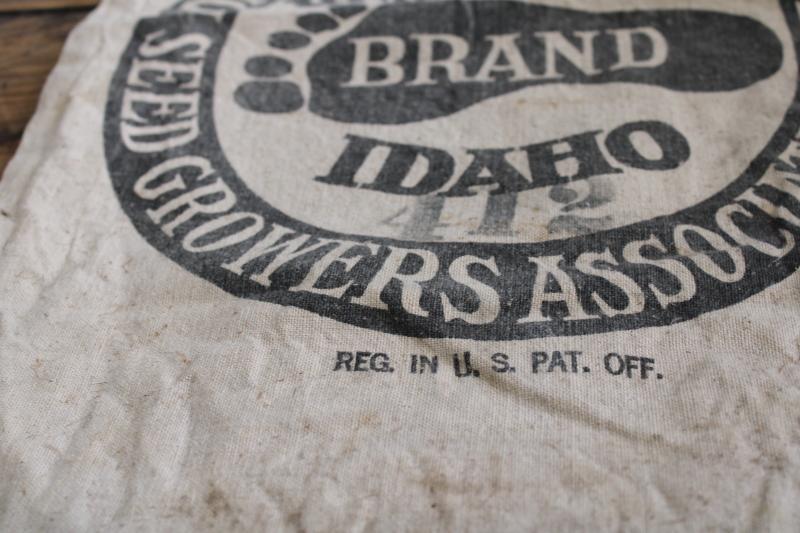 photo of vintage Blackfoot Idaho Alfalfa seed sacks, foot print logo printed cotton feedsack #12