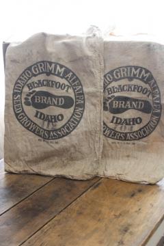 catalog photo of vintage Blackfoot Idaho Alfalfa seed sacks, foot print logo printed cotton feedsack