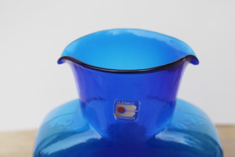 photo of vintage Blenko hand blown cobalt blue glass water bottle double spout carafe #2