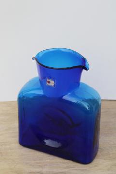 catalog photo of vintage Blenko hand blown cobalt blue glass water bottle double spout carafe