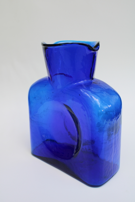 photo of vintage Blenko hand blown glass water bottle / vase, classic carafe in cobalt blue #1