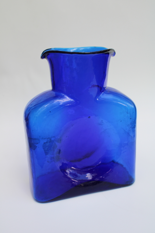 photo of vintage Blenko hand blown glass water bottle / vase, classic carafe in cobalt blue #2